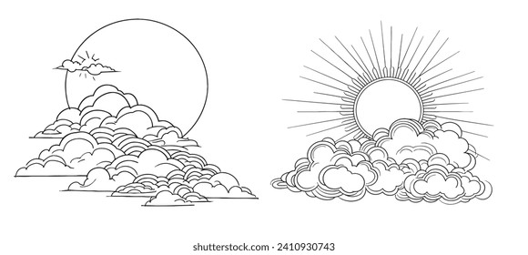 One continuous line drawing of Clouds with sun in the sky.  Outline of isolated on white background. Monochrome vector illustration.