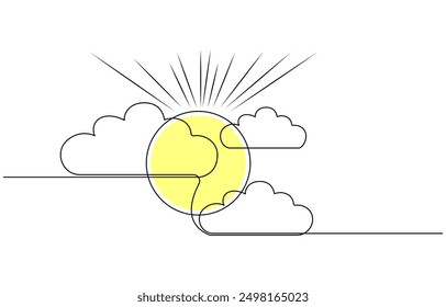 One continuous line drawing of Clouds with sun in the sky. Continuous one line drawing of sun cloud line art drawing vector illustration
Sun and clouds in the sky. Continuous line art drawing style