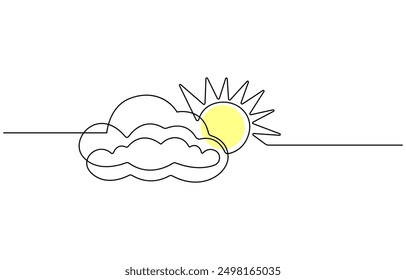 One continuous line drawing of Clouds with sun in the sky. Continuous one line drawing of sun cloud line art drawing vector illustration
Sun and clouds in the sky. Continuous line art drawing style