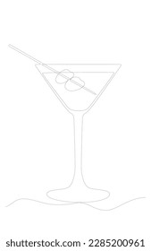 Un dibujo continuo de la línea de vidrio martini de cóctel con aceitunas en silueta sobre fondo blanco. Estilo lineal simple. Ilustración del vector Doodle