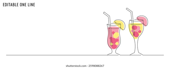 One continuous line drawing of cocktails. A summer party concept banner. Editable stroke, simple doodle design, vector illustration