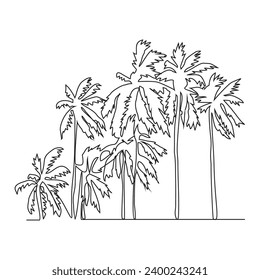 Un plano continuo de cocoteros cerca de la playa.  cocoteros a la sombra para disfrutar del ambiente playero en un estilo lineal. Concepto de diseño paisajístico y ambiental. Ilustración del vector