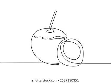 One continuous line drawing of a coconut drink. Minimalist linear art perfect for tropical themes and refreshment concepts. Simple hand-drawn illustration.