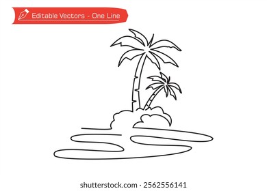 One continuous line drawing of coconut tree on a beach island. Vector illustration of simple line drawing of coconut tree on the beach as a symbol, icon of sea tourism vacation.