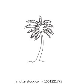 One continuous line drawing of cocos nucifera. Decorative coconut palm tree concept for plantation company logo and home art wall decor poster print. Trendy single line draw design vector illustration