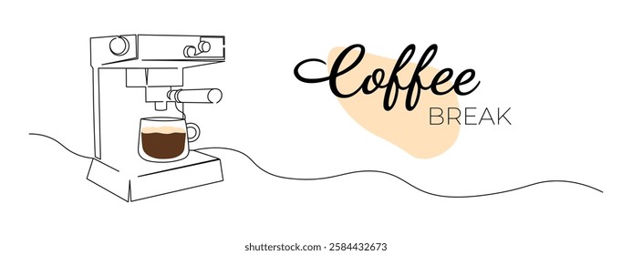 One continuous line drawing of coffee machine with coffee cup. Coffee break concept. Editable stroke, vector illustration