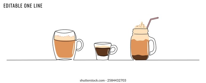 One continuous line drawing of coffee cups, mugs. Cafe, cafeteria banner. Editable stroke, vector illustration