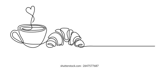 One continuous line drawing of coffee cup and French croissant on transparent background. Minimalist line art design for cafe or restaurant menu, web banner. Editable stroke. Vector Illustration

