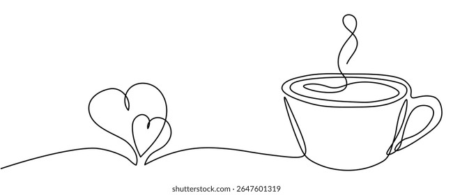 Um desenho de linha contínua de xícara de café ou chá e dois corações em fundo transparente. Design minimalista de arte de linha para café ou menu de restaurante, banner web. Traçado editável. Ilustração de vetor
