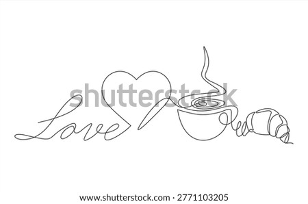 One continuous line drawing of coffee cup and French croissant on transparent background. Minimalist line art design for cafe or restaurant menu, web banner. Editable stroke. Vector Illustration
