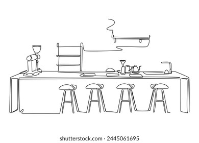 One continuous line drawing of Coffeehouse, coffee shop or cafe concept. Doodle vector illustration in simple linear style.