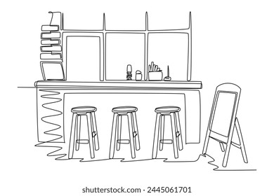 One continuous line drawing of Coffeehouse, coffee shop or cafe concept. Doodle vector illustration in simple linear style.