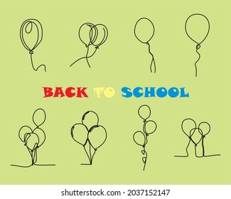One continuous line drawing of collection of Flying balloon with rope. 
Flying balloon line sketch of Theme Back To School. Vector Line Art illustration - Flying balloon.
Flat icon for celebrate.