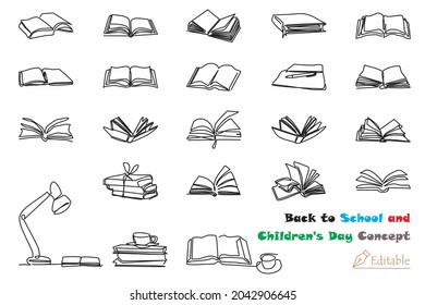 One continuous line drawing a collection of Book Related Vector Icons. For the theme of Back To School and Happy Children's Day for international children celebration. Editable Strokes. 