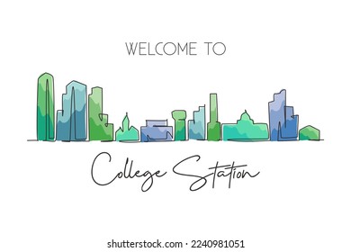 One continuous line drawing College Station city skyline, Texas. Beautiful landmark. World landscape tourism travel home wall decor poster print. Stylish single line draw design vector illustration