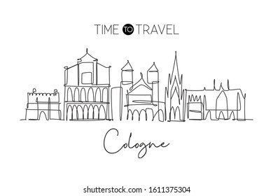 One continuous line drawing of Cologne city skyline. Beautiful city skyscraper. World landscape tourism travel vacation home decor wall art concept. Trendy single line draw design vector illustration