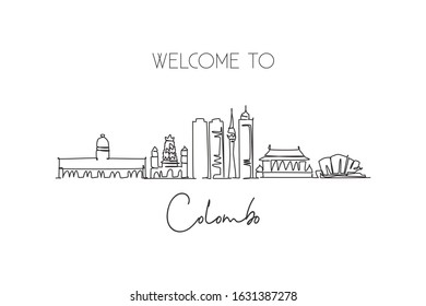 One continuous line drawing Colombo city skyline, Sri Lanka. Beautiful landmark postcard. World landscape tourism travel vacation. Editable stylish stroke single line draw design vector illustration