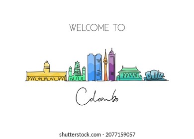 One continuous line drawing Colombo city skyline, Sri Lanka. Beautiful landmark postcard. World landscape tourism travel vacation. Editable stylish stroke single line draw design vector illustration