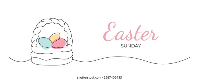 One continuous line drawing of colored Easter eggs in basket. Easter Sunday banner. Editable stroke, vector illustration