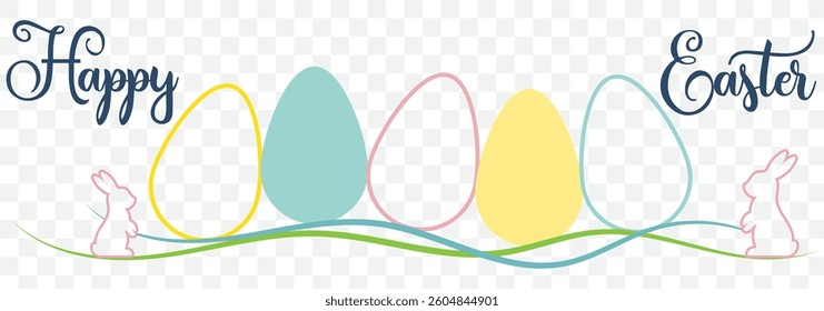 One continuous line drawing coloring of Easter eggs and rabbit. Greeting banner design with bunny and ears in simple linear style. Editable stroke. Doodle vector illustration. EPS 10.
