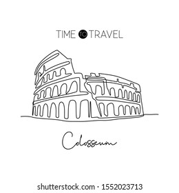 One continuous line drawing Colosseum amphitheater landmark. Historical iconic place in Rome. Holiday vacation home wall decor poster print concept. Modern single line draw design vector illustration