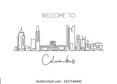 One continuous line drawing Columbus city skyline United States. Beautiful landmark. World landscape tourism travel vacation poster. Editable stylish stroke single line draw design vector illustration