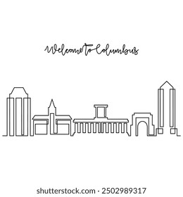 One continuous line drawing of Columbus skyline vector illustration. Modern city in USA in simple linear style vector design concept. Big city in USA. Iconic architectural skyline building