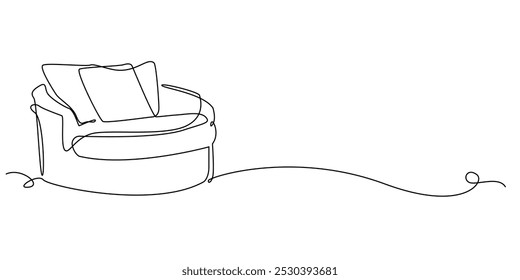 Un dibujo de línea continua de cómoda silla de sofá.
Dibujo de una línea de un interior de sofá para el hogar. Línea minimalista de sofá de sala de estar. Ilustración vectorial de una sola línea. aislado sobre fondo blanco