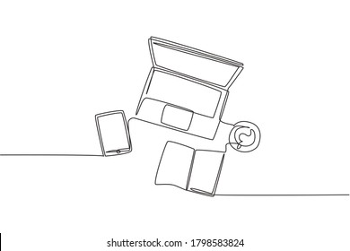 One continuous line drawing   computer laptop  smartphone  tablet   book cup coffee at business office desk from top view  Work space table concept  Single line draw design illustration