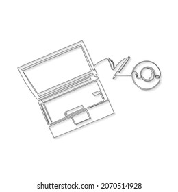 One continuous line drawing of and computer laptop, a cup of coffee at business office desk from top view. Work space table concept. Single line draw design illustration
