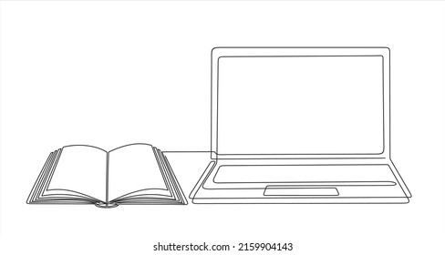 One continuous line drawing of computer laptop and book. Study space desk concept. Single line draw design vector illustration