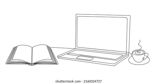 Un dibujo continuo de una computadora portátil, un libro y una taza de café. Concepto de escritorio de espacio de estudio. Ilustración vectorial de diseño de líneas simples