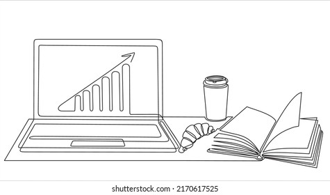 One continuous line drawing of computer laptop with a chart on it, book, a cup of coffee and croissant. Study space desk concept. Single line draw design vector illustration