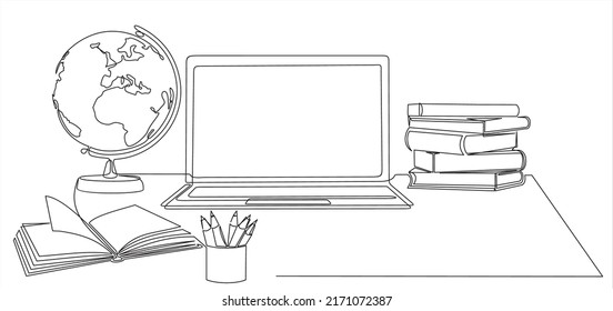 One continuous line drawing of computer laptop, globe, books stack and  pencils. Study space desk concept. Single line draw design vector illustration