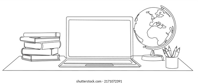 One continuous line drawing of computer laptop, globe, books stack and  pencils. Study space desk concept. Single line draw design vector illustration