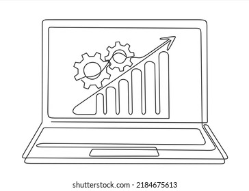 One continuous line drawing of computer laptop with a chart and gears on it. SEO optimization. illustration web analytics design