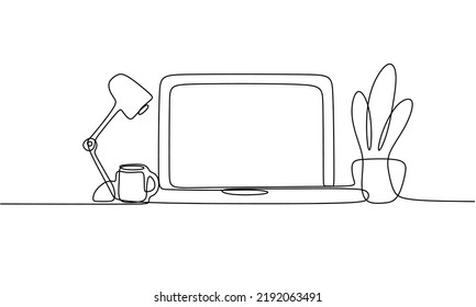 One continuous line drawing of  computer laptop, lamp and plant. Study space desk concept. Single line draw design vector illustration