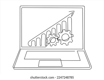 Eine durchgehende Zeichnung von Computer-Laptop mit einem Diagramm und Geräten darauf. SEO-Optimierung. Illustrationswebanalyse-Design