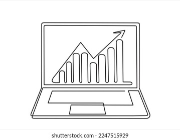 One continuous line drawing of computer laptop with a chart on it. Single line draw design vector illustration