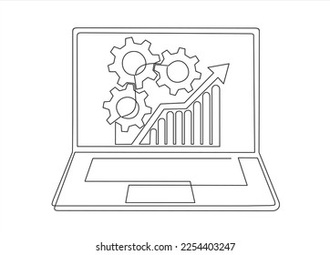 One continuous line drawing of computer laptop with a chart and gears on it. SEO optimization. illustration web analytics design