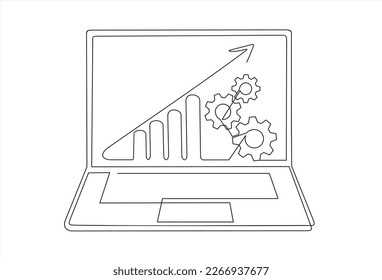 One continuous line drawing of computer laptop with a chart and gears on it. SEO optimization. illustration web analytics design