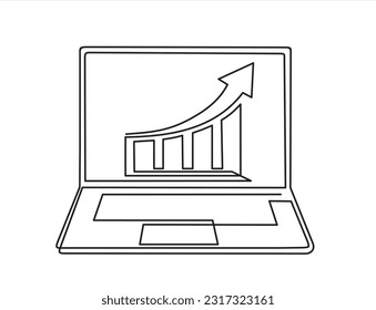 One continuous line drawing of computer laptop with a chart on it. Single line draw design vector illustration