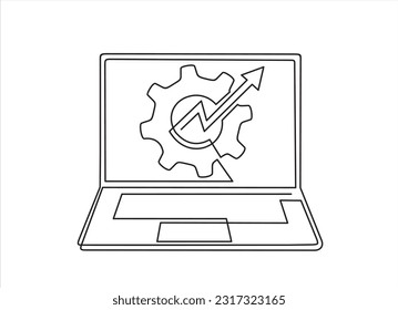 One continuous line drawing of computer laptop with a chart and gears on it. SEO optimization. illustration web analytics design