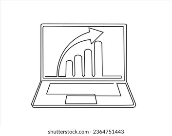 One continuous line drawing of computer laptop with a chart on it. Single line draw design vector illustration
