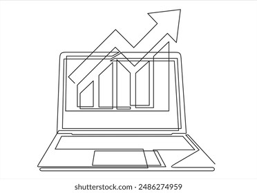 One continuous line drawing of computer laptop with a chart on it. Single line draw design vector illustration