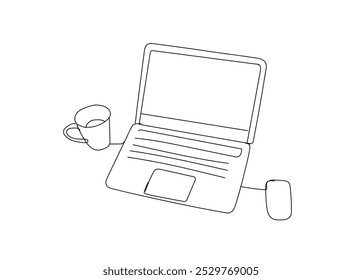 Una línea continua de dibujo y computadora portátil y una taza de café en el escritorio de la oficina de negocios desde la vista superior. Concepto de mesa de espacio de trabajo. Vector hecho a mano, no IA.