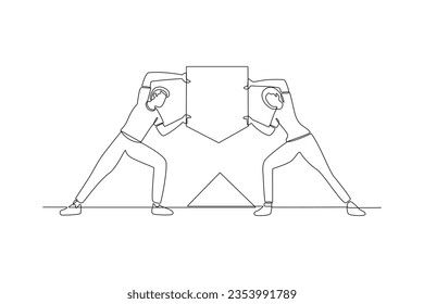 One continuous line drawing of Concept of co working, business partnership, analytics or teamwork. Colleagues work together with geometrical shapes. Doodle vector illustration in simple linear style. 