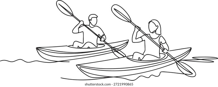 Um conceito de desenho de linha contínua de pessoas caiaque. Homem e mulher pedalando caiaques individuais lado a lado na água. Atividade de verão, recreação ao ar livre, esportes aquáticos e aventura de casal. Trabalho em equipe e parceria enquanto explora a natureza e se envolve em hobby atlético.