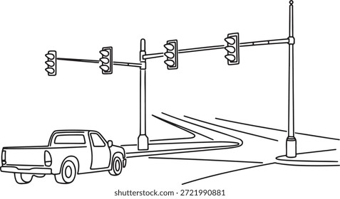 One continuous line drawing concept of urban transportation. Pickup truck drives near street intersection controlled by multiple traffic lights. City life, commuting, road safety, and transport logistics. Vehicle moving on pavement near road markings and overhead signals.