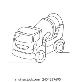 One continuous line drawing of Concrete mixer truck in the site project . Construction Project design concept with simple linear style. Construction Project vector design illustration concept.